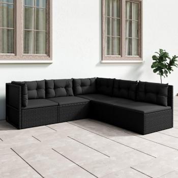 5-Piece Black Poly Rattan Garden Lounge Set with Cushions