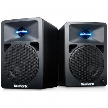 Numark N-Wave 360 - Monitores de DJ de Sobremesa Compactos de Rango Completo y 60 W con Iluminación LED en el Tweeter, Control de Volumen Dedicado y Entradas RCA para una Fácil Conectividad