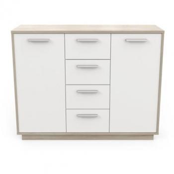 Aparador Léo de 2 puertas y 4 cajones, decoración en madera y blanco - 113 cm - Almacenaje compacto