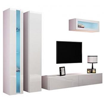 Conjunto de salón moderno Charlotte A133, Blanco y Brillante, con mesa de TV, partes separadas, MDF y aglomerado laminado, vidrio templado, 180x40cm