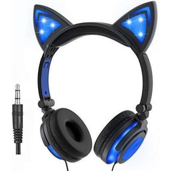 Auriculares para Niños con Orejas de Gato, Auriculares Recargables Plegables con Luces LED Auriculares para Niña y Niño, Compatible con, Tableta, iPhone, Android