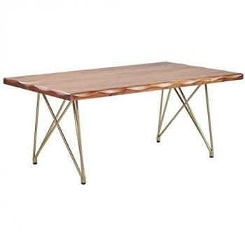 Mesa de Centro Raley de Madera de Acacia Clara con Patas Doradas y Bordes Tallados Estilo Glamour