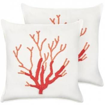 Conjunto de 2 cojines cuadrados de algodón blanco con motivo coral marino, 45 x 45 cm, relleno de poliéster Coralium