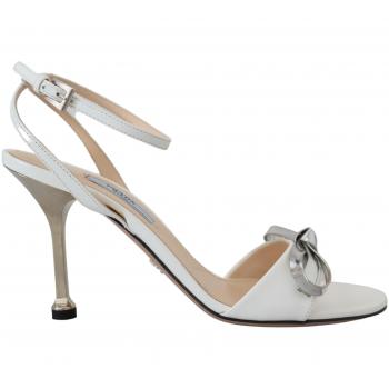 Prada Silver White Leather Ankle Strap Heels, Elegant High Heel Sandals for Women, Size EU38/US7.5