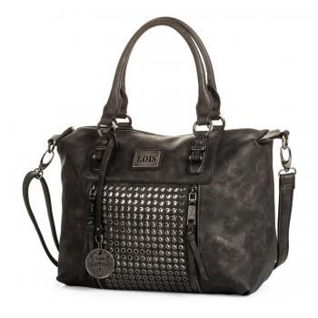 LOIS - 93147 Bolso de mujer bowling doble asa con cremallera. Bandolera ajustable. Forro estampado y bolsillo interior. Con llavero. Piel sintética polipiel, Color Negro