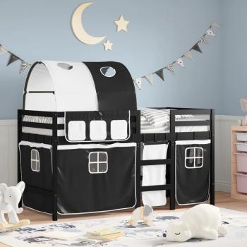 Cama loft infantil con túnel de madera de pino blanco y negro 90x200 cm