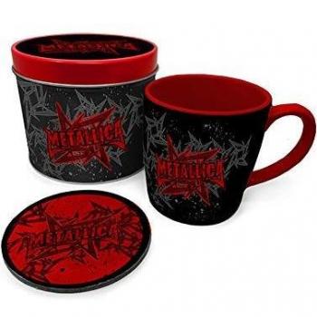 Taza de Metallica con Posavasos Estrellas y Alas - Set Oficial en Lata