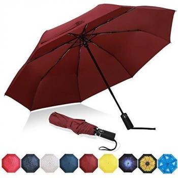 Amazon Brand - Eono Paraguas Plegable Automático Impermeable, Paraguas de Viaje Compacto a Prueba de Viento, Folding Umbrella, Recubrimiento de Teflón, Dosel Reforzado, Mango Ergonómico - Borgoña
