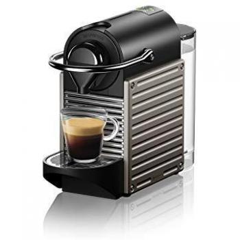Krups Nespresso Pixie XN304T - Cafetera monodosis de cápsulas Nespresso, Compacta, 19 bares, Apagado automático, Color Gris Titanio, 14 cápsulas interior