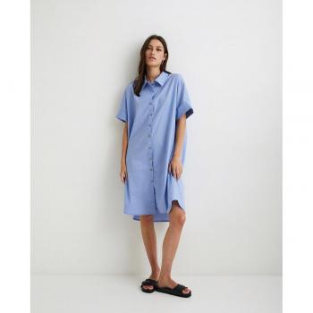 Vestido corto camisero azul de popelín Yerse con manga corta y bolsillos