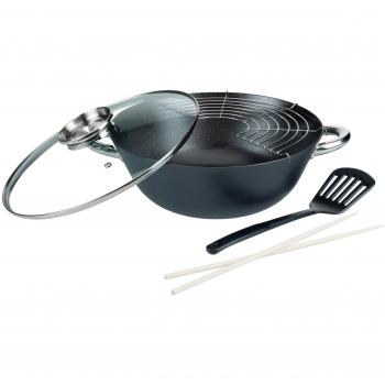 Set de Wok Multifuncional de Hierro Fundido 5 Piezas con Tapa de Vidrio, 32 cm