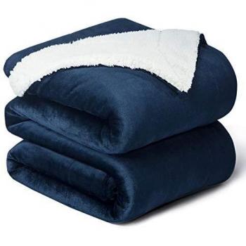 Bedsure Manta Reversible de Franela/Sherpa 220x240cm - Manta para Cama 135/150 de 100% Microfibra Extra Suave - Manta de Felpa Azul Marino