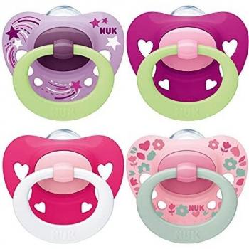 NUK chupetes para bebés noche y día | 6-18 meses | Chupetes que brillan en la oscuridad | Silicona sin BPA | Rosa | 4 unidades