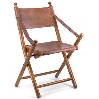 Silla Plegable de Cuero Marrón y Madera de Teca