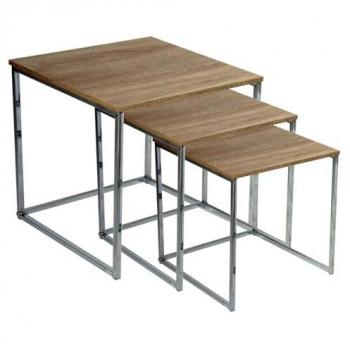 Juego de 3 mesas de madera natural con patas de acero, color marrón