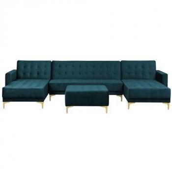 Sofá Cama Modular en U de Terciopelo Verde Azulado con Chaise Longue y Otomana - 5 Plazas