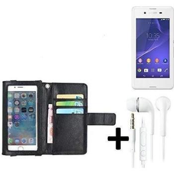 TOP SET: Funda para el Sony Xperia E3 con la pantalla del protector / protector integrado, negro, cuero sintético + Auriculares | Funda Universal Caso Monedero cubierta del tirón Monedero Monedero