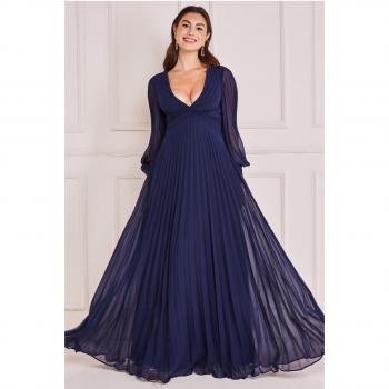Goddiva Pleated Chiffon Maxi Dress - Navy