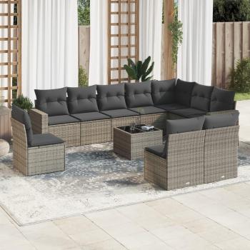 Set de sofás de jardín 11 pzas y cojines ratán sintético gris