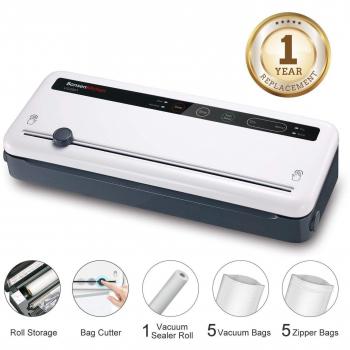 Envasadora al Vacío 4 en 1 Bonsenkitchen para Uso Doméstico y Comercial, 140W, Máquina Selladora al Vacio Alimentos Secos y Húmedos, Incluyendo Rollo de Vacio 28 x 300 cm y Bolsas 10, Blanco, VS3801