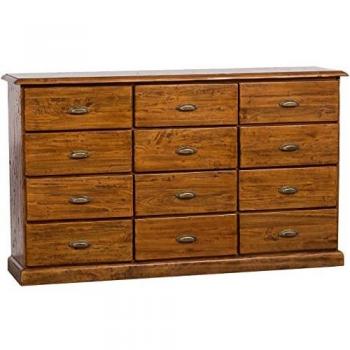 Cajonera Vintage de Madera Maciza de Tilo con Acabado Nogal 170x40x100 cm - Estilo Country, 12 Cajones