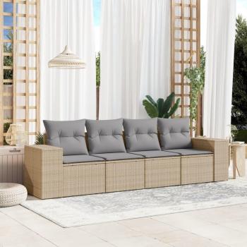 Set de sofás de jardín 4 piezas con cojines de ratán sintético en negro, crema y beige - Muebles de terraza para exterior