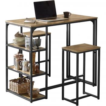 SoBuy Set de Mesa Alta de Bar y 2 Taburetes OGT43-F Naturaleza, metal marrón, estilo industrial, ideal para balcón, cocina, comedor y sala de estar