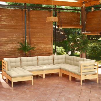 7-Piece Solid Pine Garden Lounge Set with Cream Cushions