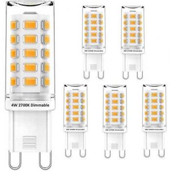 Bombillas LED G9 Regulables Blanco cálido 4W Equivalente a bombillas halógenas de 28W 30W 40W, lámpara de cápsula G9, lámpara de enchufe G9, 400LM, 2700K, CA 220-240V, sin parpadeo, paquete de 5