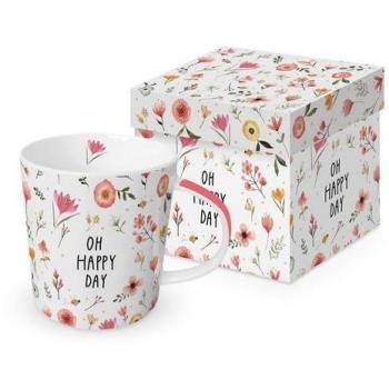 TAZA OH HAPPY DAY + CAJA REGALO - Taza de porcelana con diseño de flores y texto Happy Day um Flowers, dimensiones 9x9x9 cm, incluye caja de regalo a juego