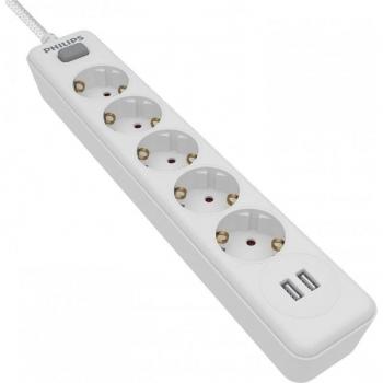 Philips SPN3052WA/10 Regleta de 5 Tomas Schuko con 2 Puertos USB de 2,4A y Cable de 2 Metros