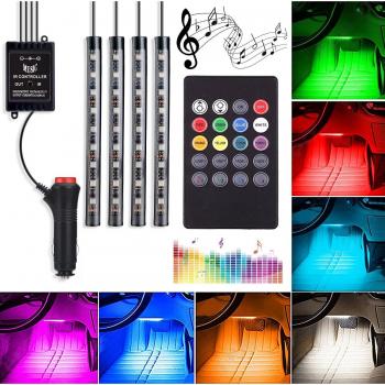 Automotive LED decoración luz de tira, 4pcs 48SMD DV 12 V coche multicolor música LED iluminación interior, coche luces decorativas, con ecualizador y mando a distancia, incluye cargador para el coche