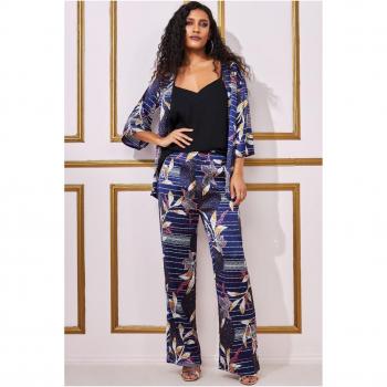 Goddiva Printed Satin Wide Leg Trouser - Navy - Size 12 UK