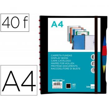 Carpeta Liderpapel A4 con 40 fundas intercambiables 5 separadores sobre y gomilla portada y lomo personalizable negro