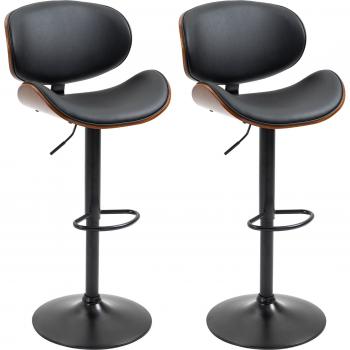 Set de 2 Taburetes de Bar Regulables en Altura, Sillas de Cocina Giratorias con Reposapiés, Piel Sintética Negra, Acero, 53 x 52 x 92-112 cm