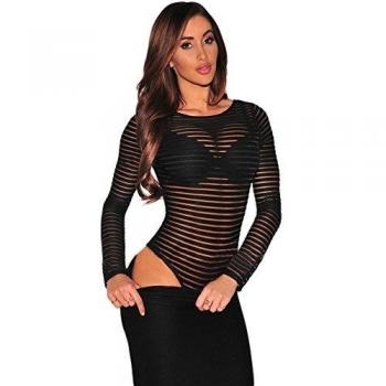 New Ladies Negro Sheer rayas manga larga Teddy Body lencería Trikini Maillot Teddies Pole Dance Talla M 10 - 12