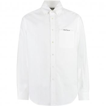 Palm Angels Men's White Tailored Button-Down Cotton Shirt with Printed Ribbon - Size L