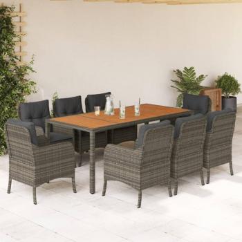 Set comedor jardín 9 pzas con cojines de ratán sintético gris