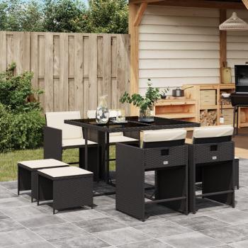 9-Piece Black Poly Rattan Garden Dining Set with Cushions