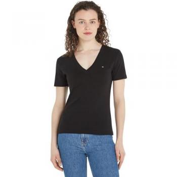 Camiseta Tommy Hilfiger Slim Fit con Cuello en V para Mujer, Modelo 'NEW SLIM CODY', Color Negro, Talla S
