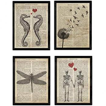 Set de 4 Láminas Vintage con Marco A3 - Enciclopedia: Caballito de Mar, Diente de León, Libélula y Pareja de Esqueletos