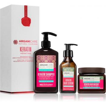 Set Regenerador y Fortalecedor de Queratina Arganicare - Champú, Máscara y Suero | Efecto Regenerante | Previene Puntas Abiertas | Cabello Suave y Brillante