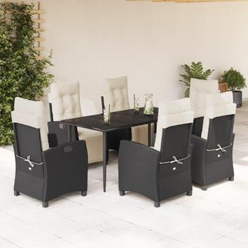 7-Piece Black Poly Rattan Garden Dining Set with Cushions
