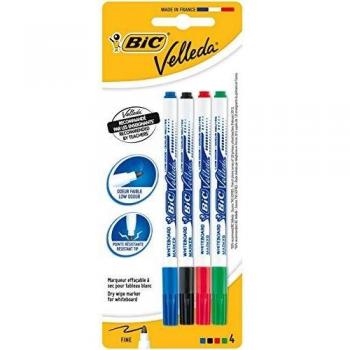 BIC Velleda Estuche de Rotuladores de Pizarra Blanca, Color Negro, Azul, Rojo y Verde, Punta Fina, Blíster de 4