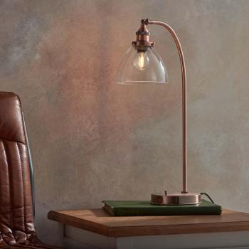 Lámpara de mesa Hansen de acero con acabado en cobre envejecido, 1 luz, base E14 y pantalla de vidrio