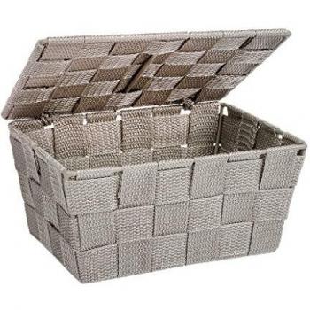 WENKO Cesta para el baño Adria con tapa taupe - cesta para el baño con tapa, Polipropileno, 19 x 10 x 14 cm, Taupe