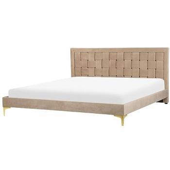 Cama Tapizada de Terciopelo Gris Pardo 180 x 200 cm con Cabecero y Patas Doradas