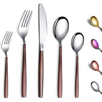 Berglander Juego de cubiertos de 30 piezas con mango de superficie lunar y cabeza dorada brillante con revestimiento de titanio acero inoxidable cuberteria de plata de utensilios Servicio para 6