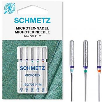 Agujas de Coser Microtex Schmetz 130/705 H-M - Set de 5 Agujas (60/8, 70/10, 80/12) para Seda y Microfibra, Compatibles con Má