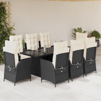 9-Piece Black Poly Rattan Garden Dining Set with Cushions